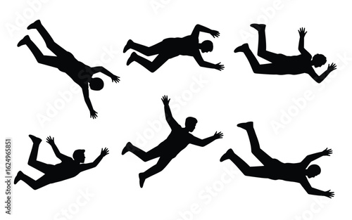 Vector art of silhouette of man falling down in different poses isolated on white background