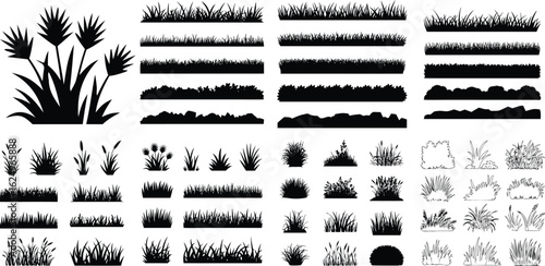 Silhouette Set of Diverse Grass, Reed, and Plant Clumps for Landscaping and Decoration Projects