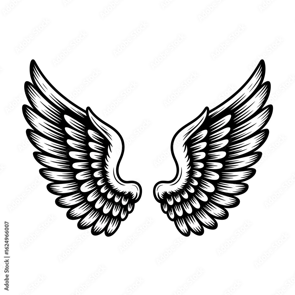 Obraz premium Ornate vector wings illustration with detailed feathering perfect for tattoo design or logo creation symbolizing freedom and flight in a monochrome aesthetic