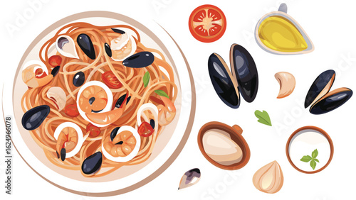 Illustration of a plate of seafood pasta with mussels, shrimp, olives, and tomato slices on a white surface