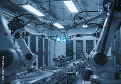 A modern industrial robot arm works on an automated assembly line inside a high-tech manufacturing facility. The background features illuminated servers and data racks.