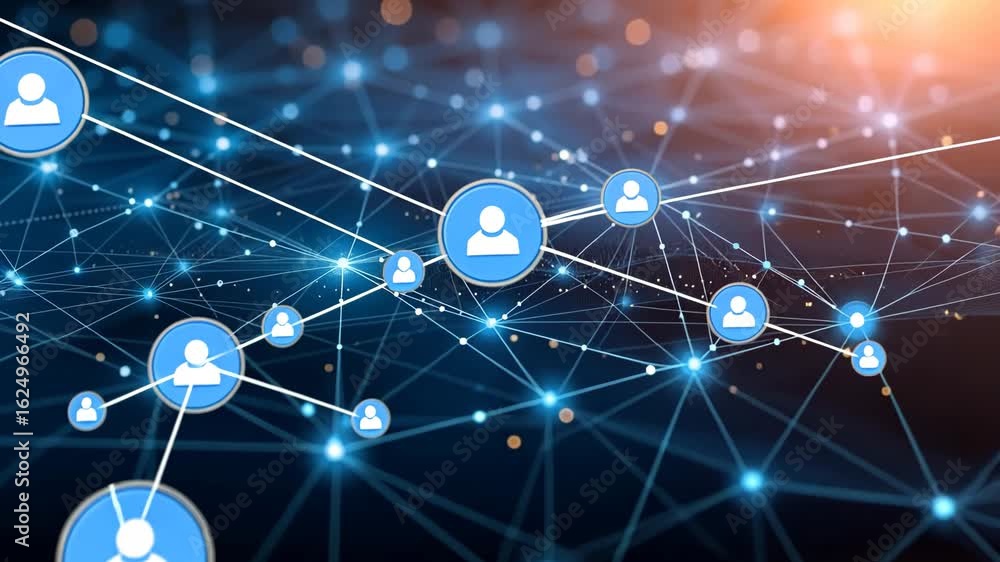 Futuristic digital network connection with glowing blue user icons and interconnected data points
