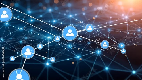 Futuristic digital network connection with glowing blue user icons and interconnected data points