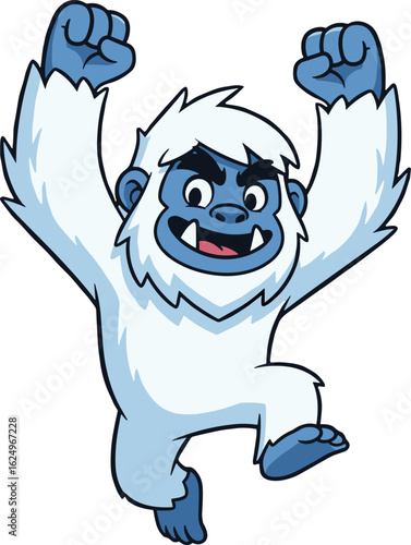 Cartoon yeti jumping with raised fists, playful abominable snowman character in white fur and blue face, vector illustration for kids