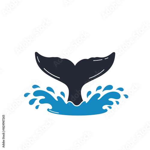 Vector art of dark blue whale tail fluke diving into splashing water, isolated on white background