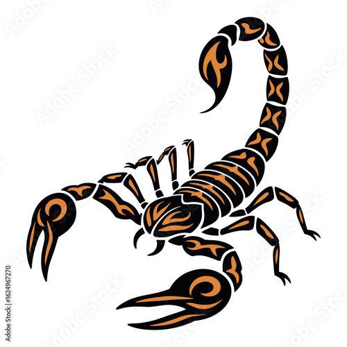 A stylized vector illustration of a black scorpion with a raised stinger and large claws, isolated on a white background