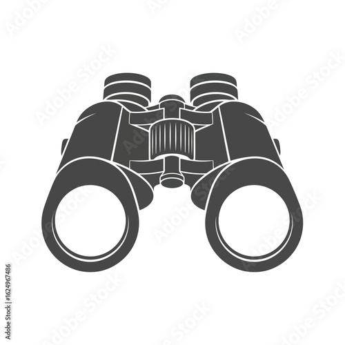 Vector art of a dark gray silhouette icon of binoculars viewed from the front, highlighting the lenses for observation and exploration, isolated on white background