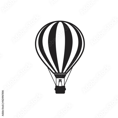 Vector art of black and white silhouette of a hot air balloon with vertical stripes, representing a classic mode of air travel and adventure