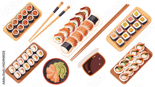 An assortment of sushi rolls served on wooden trays with chopsticks and soy sauce displayed neatly