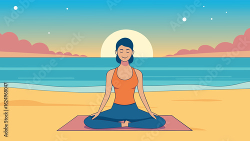 Serene Woman Meditating on Beach with Sunset in Background