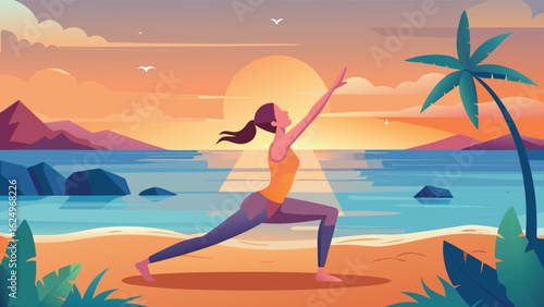 Yoga pose performed on a scenic tropical beach during sunset, highlighting beauty, relaxation, and mindfulness. Features palm trees, calming ocean waves, and a vibrant yellow-orange sky.