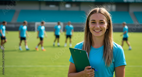 Smiling coach with clipboard overseeing team practice on the field on transparent background