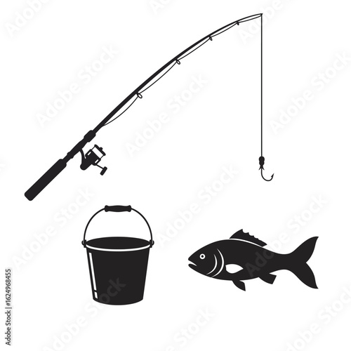 Vector art of fishing rod with reel and line, a caught fish, and a bucket, isolated on white background