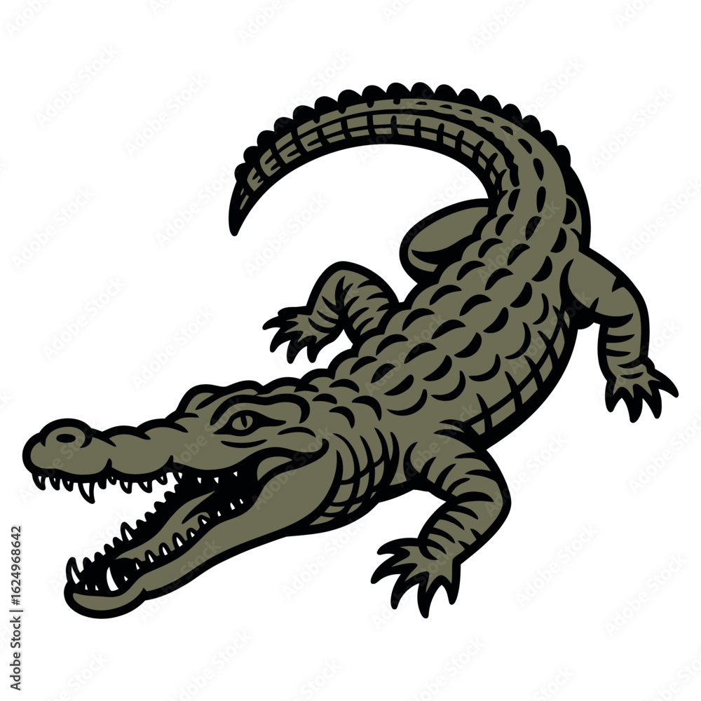 Fototapeta premium A green cartoon crocodile or alligator, a cute reptile animal toy, is isolated on a white background