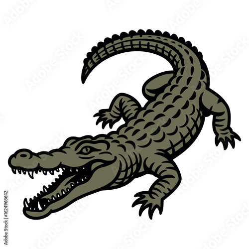 A green cartoon crocodile or alligator, a cute reptile animal toy, is isolated on a white background
