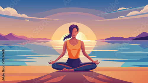 A serene illustration of a young woman meditating in yoga pose by a tranquil lake during sunset, evoking peace, mindfulness, and natural beauty.