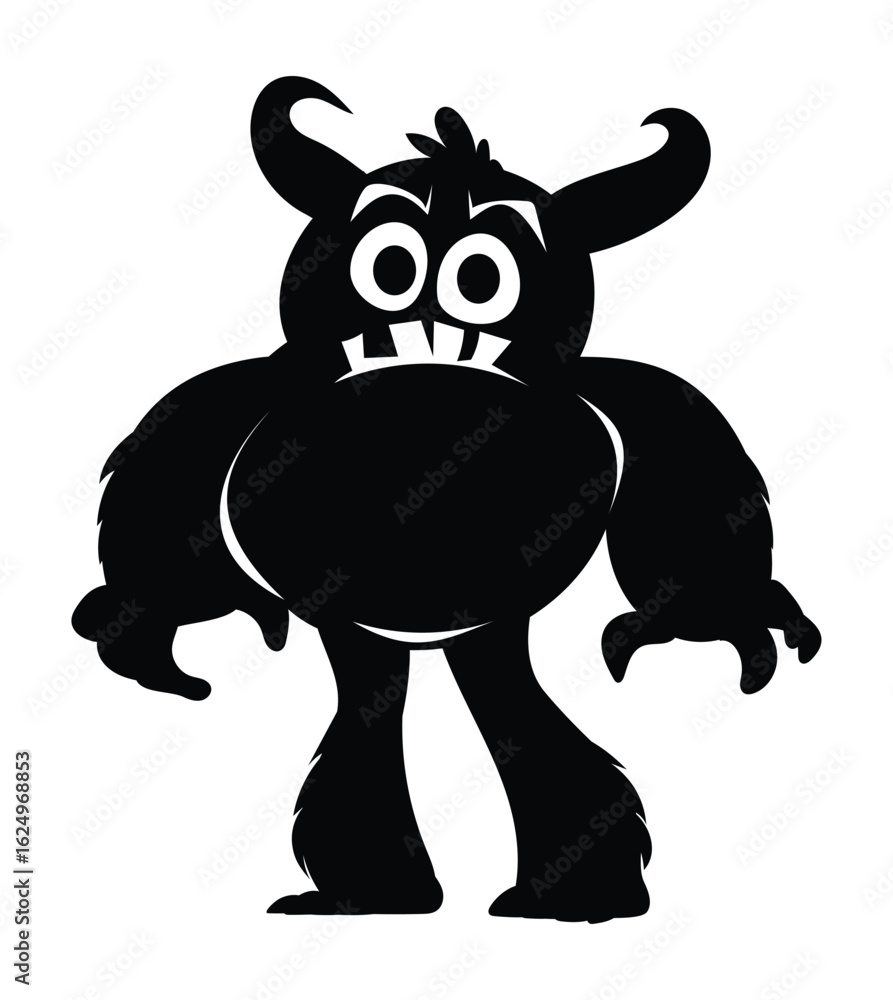 Fototapeta premium Cute cartoon monster character with horns and big eyes silhouette. Funny furry creature. Vector illustration