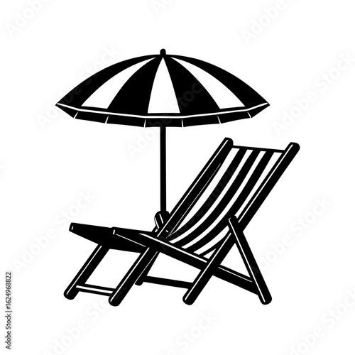 summer vacation beach chair and umbrella icon black silhouette art vector
