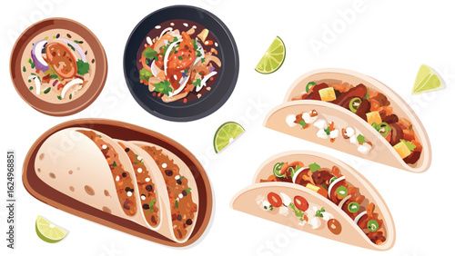 Illustration of various mexican dishes including tacos soups and lime wedges on a white background