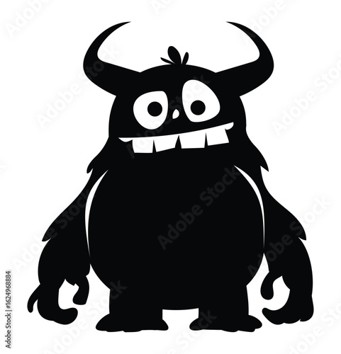 Cute cartoon monster character with horns and big eyes silhouette. Funny furry creature with big teeth. Vector illustration