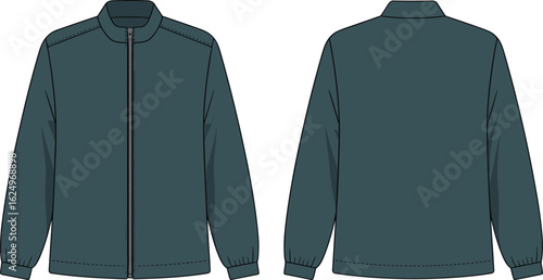 Men's bomber jacket cad drawing flat vector illustration, front and back view, zipper closure, ribbed collar cuffs hem, long sleeve outerwear fashion sketch
