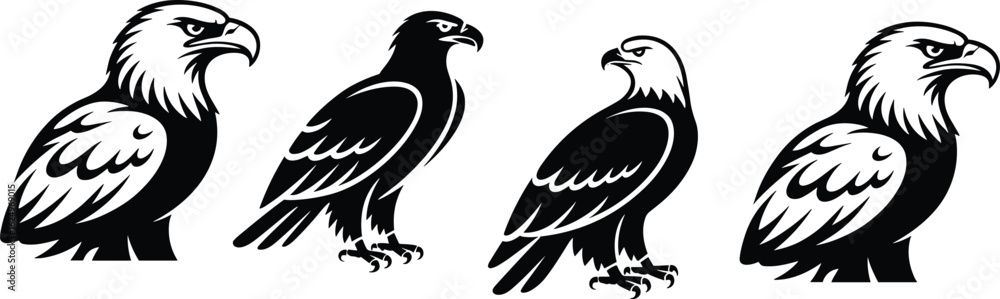 Obraz premium Set of four stylized eagle illustrations in side profile, perched and standing poses, black and white vector icons for graphic design