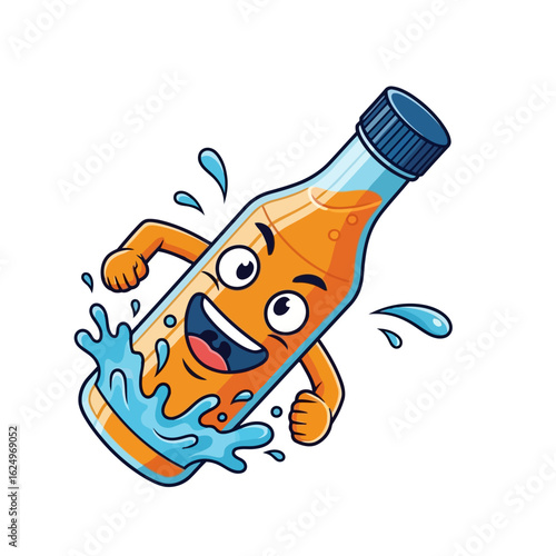 Vector art of energetic cartoon orange juice bottle character with a splash of water, running and looking happy, isolated on white background
