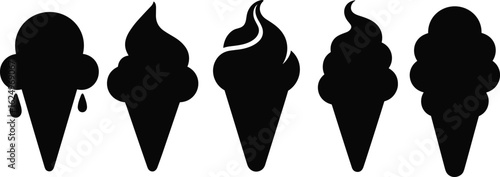 Set of five black ice cream cone silhouettes with varied scoop designs, minimalist vector icons for dessert and summer themes