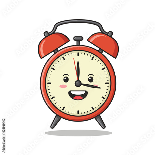 Vector art of a cute cartoon alarm clock with a happy face, isolated on white background