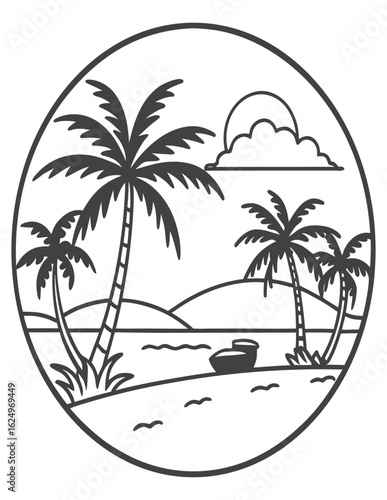 Beach colouring Page outline, line art drawing, isolated on white background, illustration of palm trees on a sunny beach with the ocean