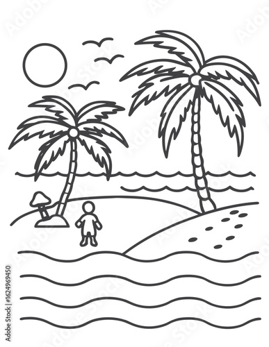 Tropical beach line art, black outline, vector and illustration, colouring book page line art drawing, line drawing silhouette of a beach coloring page