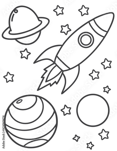 Rocket stars and planets in cosmos space universe Colouring Book, outline Illustration Educational Materials