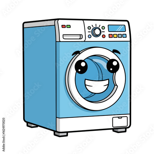 Vector art of a cute, cartoonstyle blue washing machine with a smiling face, isolated on a white background