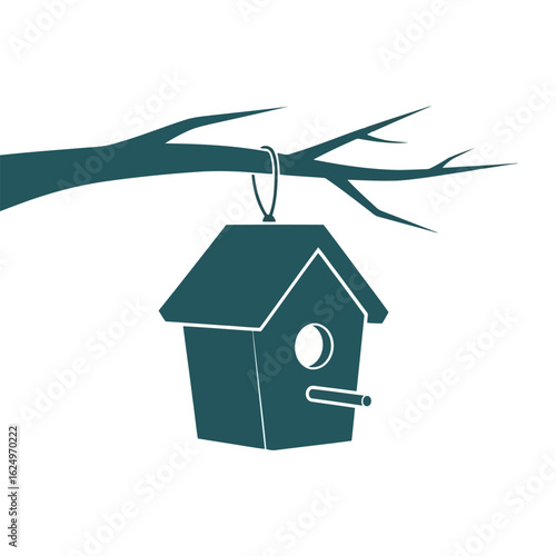 Vector art of teal birdhouse hanging from a tree branch, isolated on white background