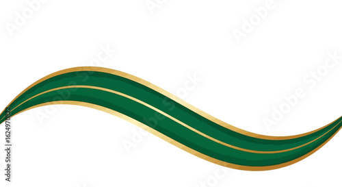 A curved green ribbon with gold trim, flowing across a white background.