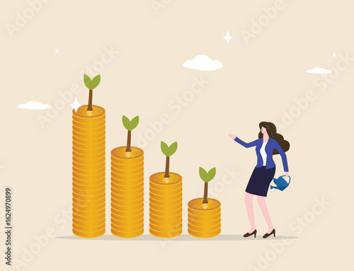 Creating wealth by regularly saving and investing, harnessing power of compound interest. A businesswoman gently nurturing a stack coins, like a growing seedling, symbolizing steady financial growth.