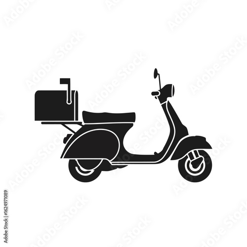 Vector art of black silhouette of a vintage scooter with a mail carrier box on the back isolated on white background