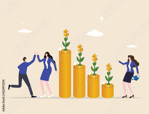 Interest growth, savings, and investment concept illustrating interest rate, principal, and earnings. A businesswoman nurtures a growing seedling, symbolizing the power of compound interest.
