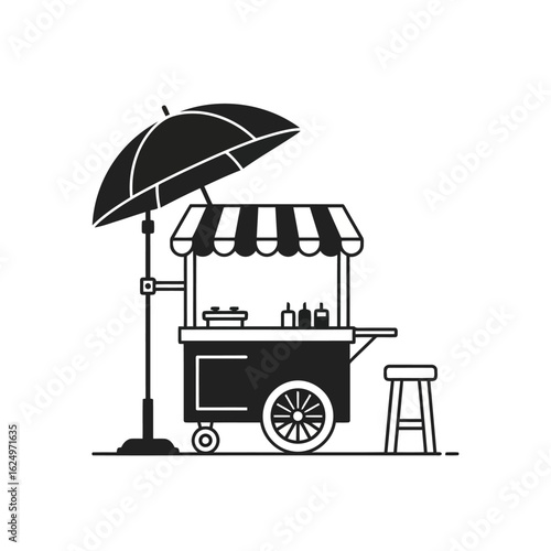 Vector art of a black and white illustration of a street food cart with an umbrella and a stool, ready for business