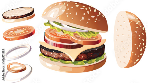 Exploded view of a burger with sesame seed bun and visible ingredients in a colorful illustration