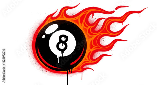 Flaming eight-ball graphic design, vibrant red and black, spray paint effect.
