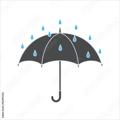 Vector art of a black umbrella protecting from falling blue raindrops, isolated on white background