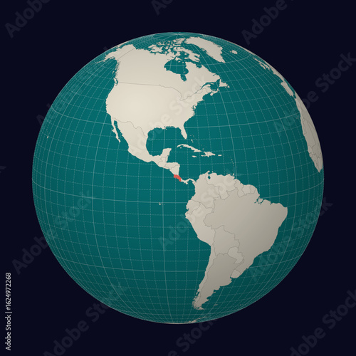 Republic of Costa Rica on the map. Globe centered to Costa Rica. Country location on the world map. Teal Pale Mint color palette. Globe with countries, meridians and parallels.