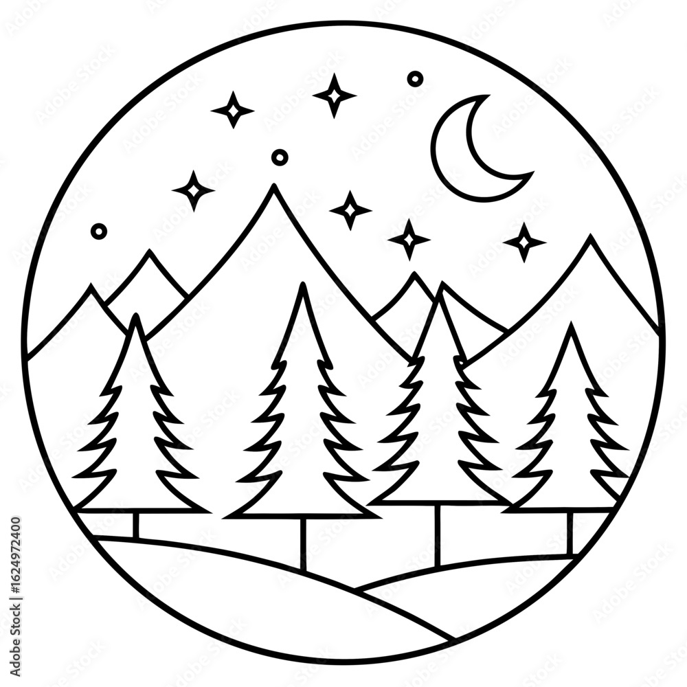 Fototapeta premium Abstract Moonlit Nature Line Art