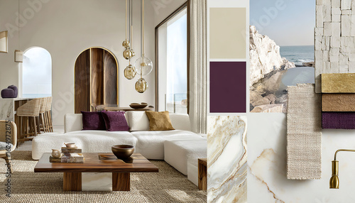 Interior design inspiration with a coastal theme and modern aesthetic. The neutral color palette and natural textures create a calm and elegant seaside ambiance.