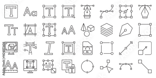 Outlined Type & Vector Font Design Collection set of web icons in line style. outlined font, vector font, font design, outline typeface and outlined type. Vector illustration