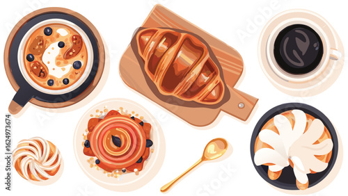 Overhead view of breakfast pastries including croissant, coffee, and oatmeal with blueberries and cream