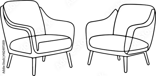 Elegant Minimalist Continuous One Line Drawing of Two Modern Mid-Century Armchairs Facing Each Other, Beautiful Furniture Illustration for Contemporary Home Decor, Interior Design Sketch, Aesthetic 