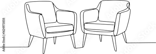 Elegant Minimalist Continuous Line Art Drawing of Two Modern Mid-Century Armchairs Facing Each Other, Perfect for Contemporary Interior Design, Aesthetic Living Room Decor, and Furniture Illustration.