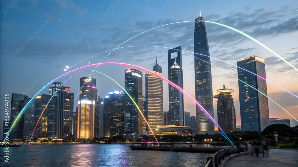 Obraz premium Cyber Metropolis Wrapped in Quantum Encryption Fields – Futuristic Design